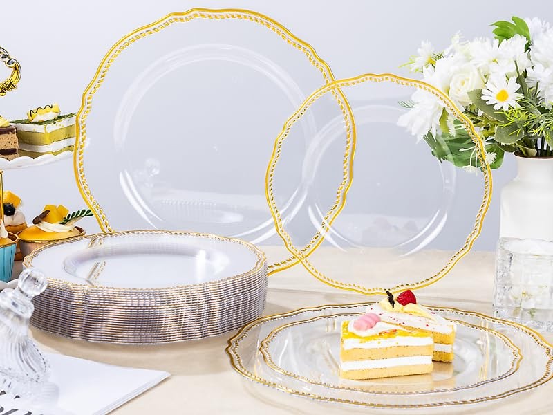 60pcs Clear Plastic Plates Clear and Gold Disposable Dinnerware with Gold Ri…