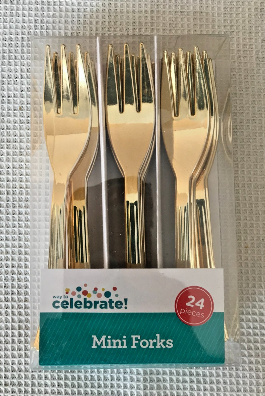 Celebrate Mini Forks Gold, 1 box of 24, Party Utensils, Plastic, Approx. 5″ long