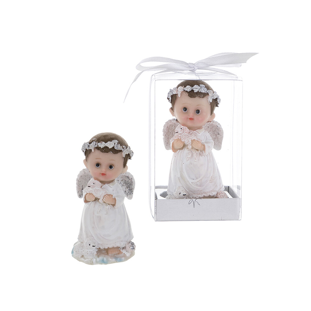Mega Favors – Baby Boy Angel Holding Baby Lamb Poly Resin – Blue, 12PCS