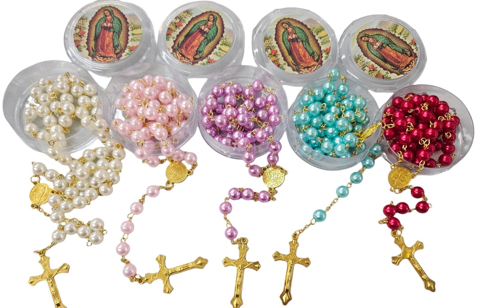 Wholesale 12 PCS Boxed lady of Guadalupe mixed faux pearl Rosary baptism favor