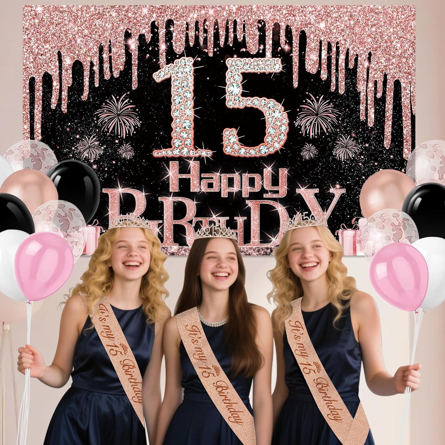 15th Birthday Decorations for Girls, 49pcs Black Rose Gold Black Banner, Tabl…