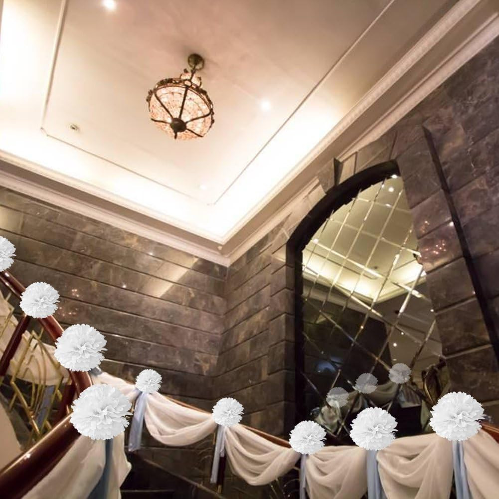 10Pcs White Tissue Hanging Paper Pom-Poms, Flower Ball Wedding Party Outdoor De