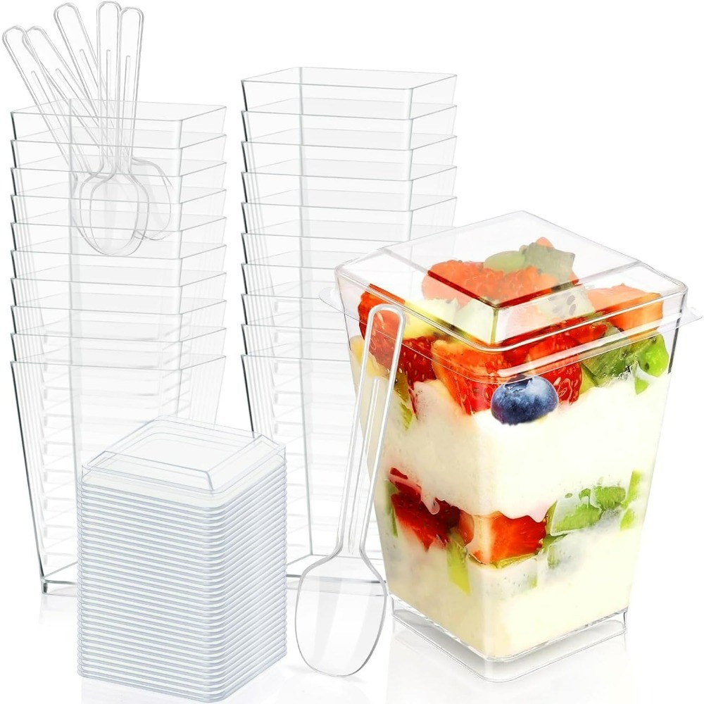 Clear Plastic Dessert Cups with Lids and Spoons 5oz Square Parfait Yogurt Party