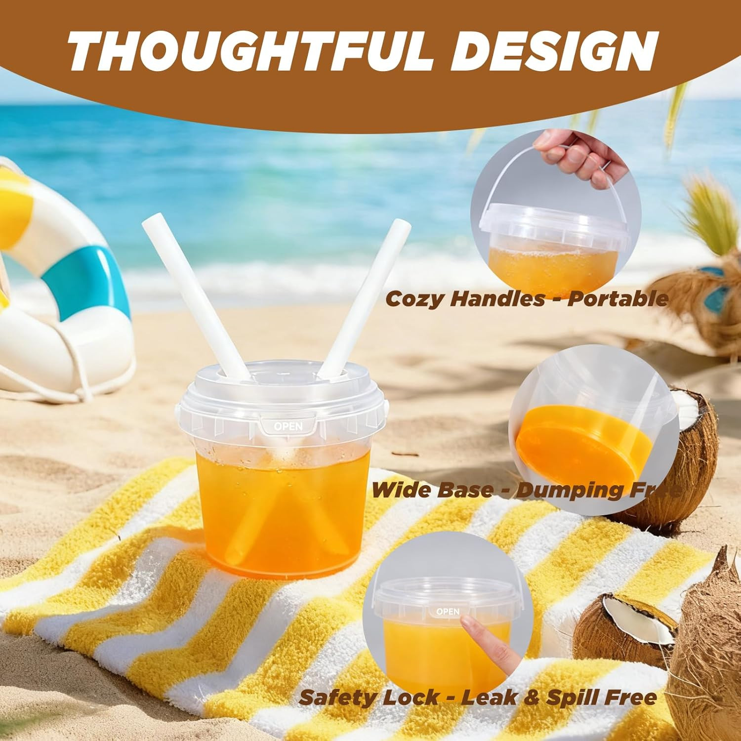 25Oz Reusable Plastic Drink Buckets with Lids and Straws – 10 Pack