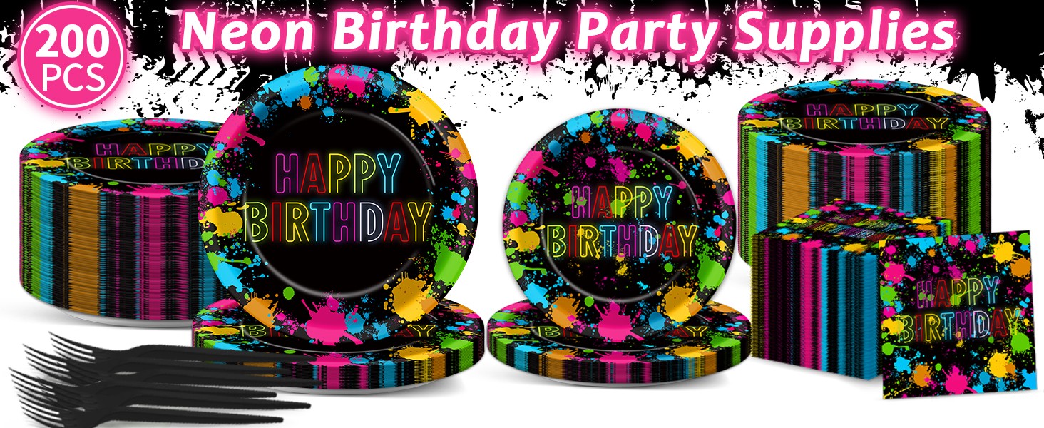200pcs Neon Party Paper Plate and Napkins Supplies Neon Birthday Party