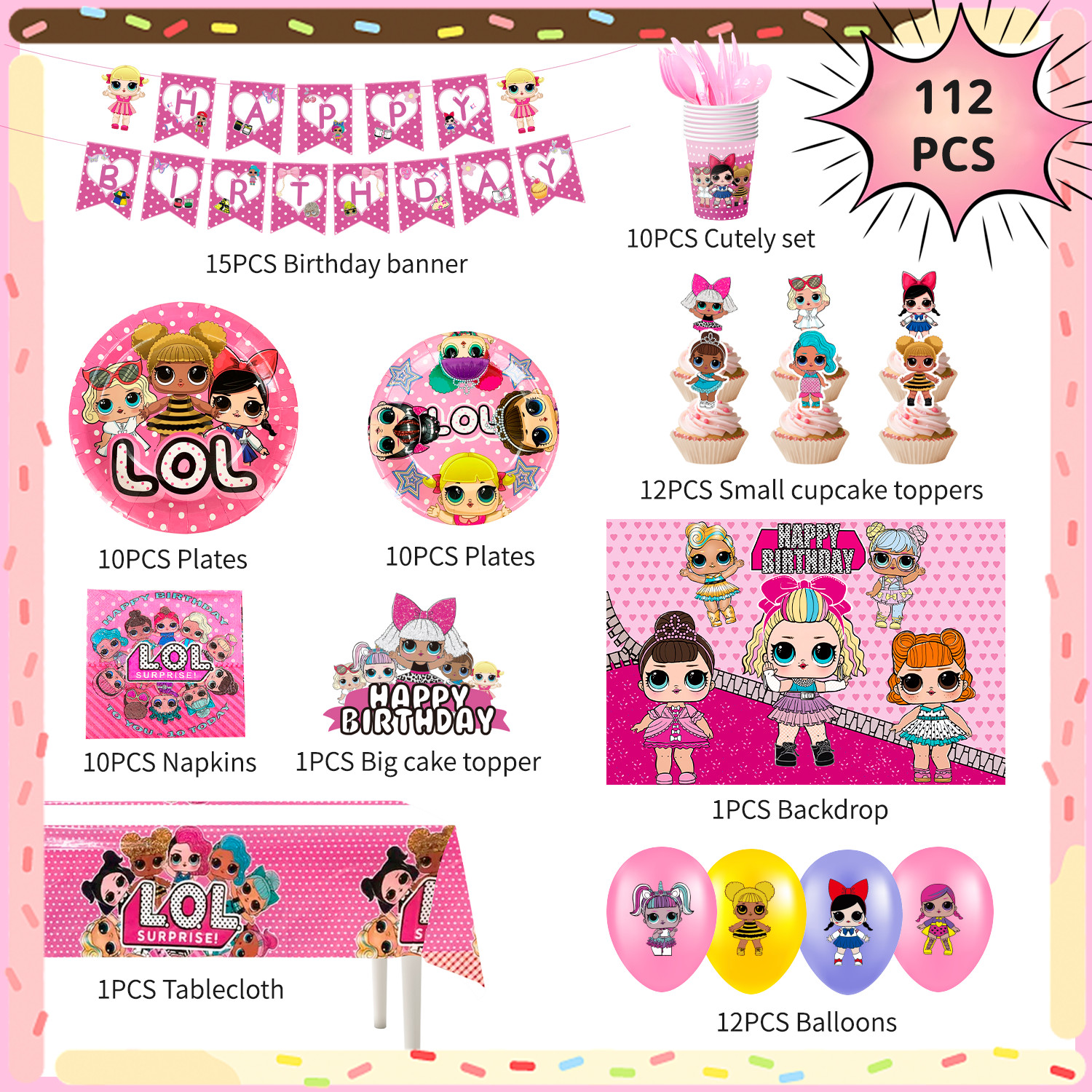 112 Pcs LOL Surprise Doll Party Decorations Surprise Doll Balloons Cups Backdrop