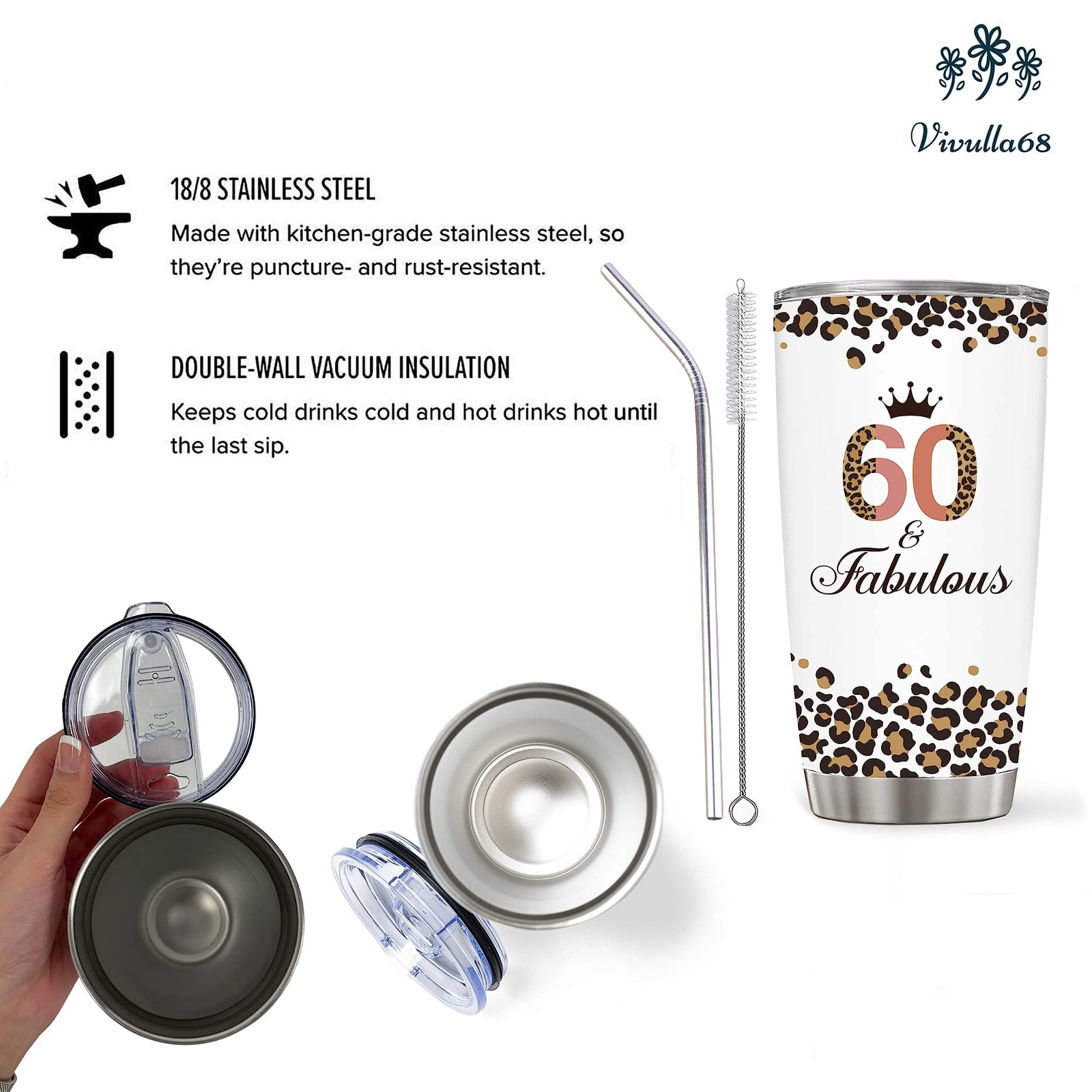 Vivulla68 Happy 60th Birthday Gifts For Women, 60 20 Ounces, White