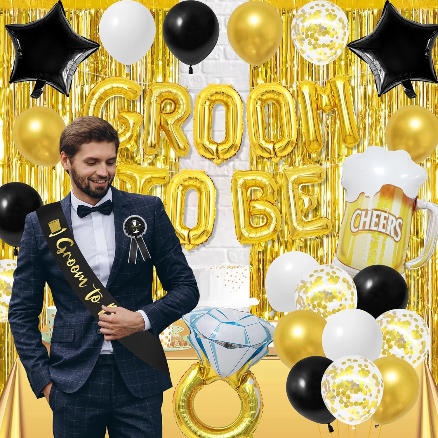 Gold Bachelor Party Decorations for Men, Groom to Be Banner Fringe Curtains, Gro