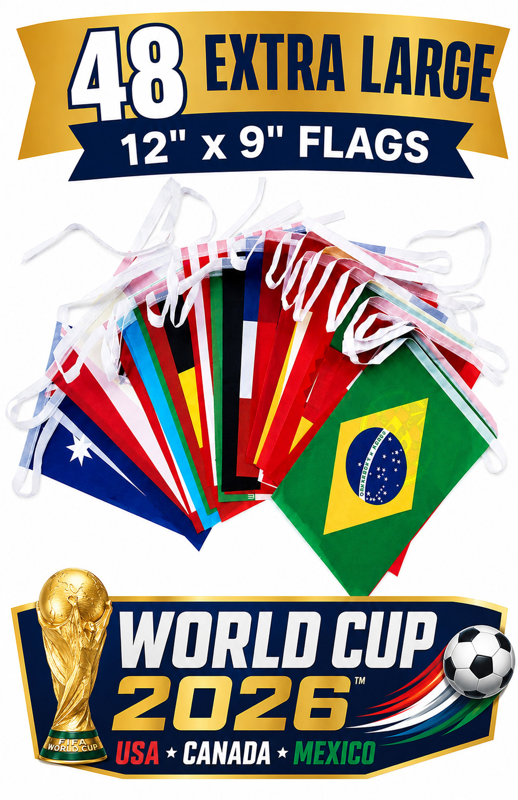 NEW Football World Cup Bunting 15 Metre 48 EXTRA LARGE FLAGS Speedy Delivery