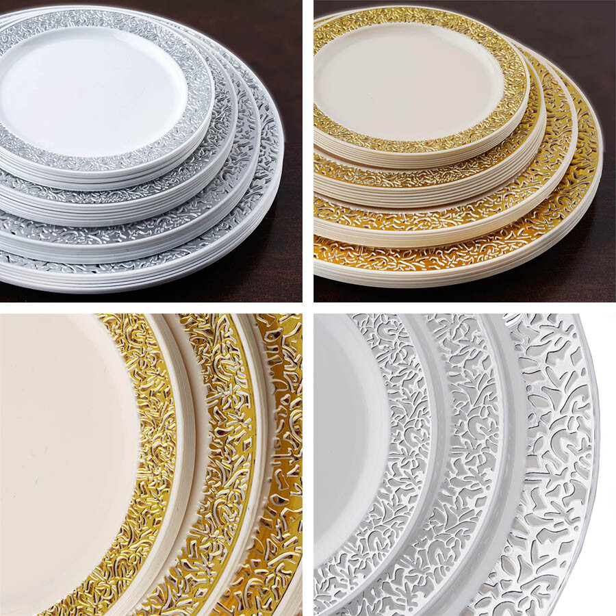 Plastic 6″ ROUND PLATES Lacy Trim Party Wedding Disposable TABLEWARE
