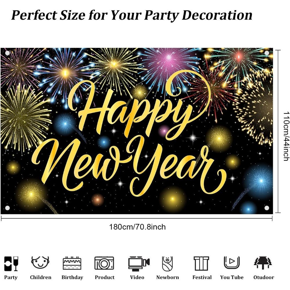 Happy New Year Banner Colorful Firework New Years Backdrop for 2026 Party