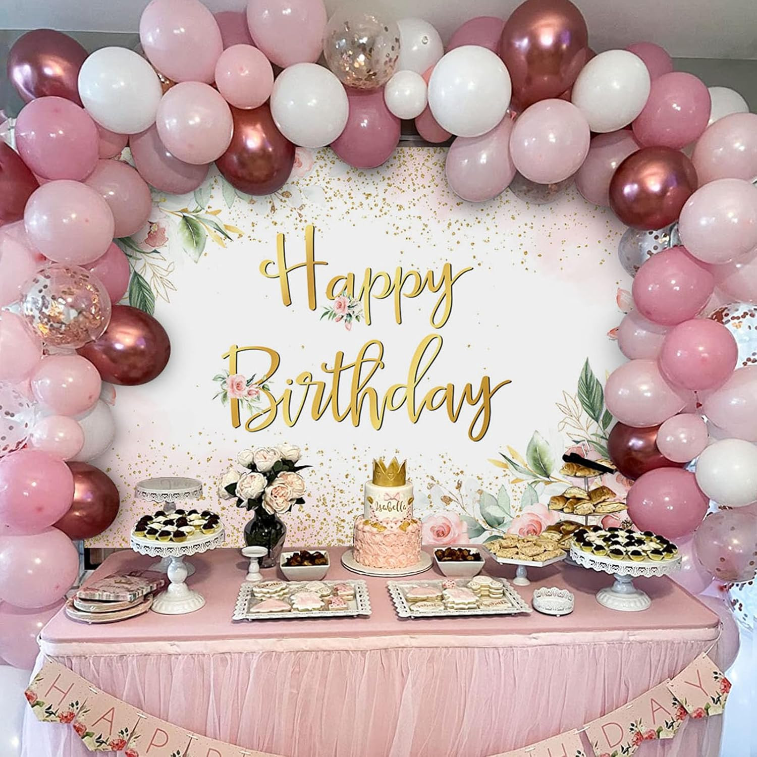Rose Gold Birthday Backdrop for Women Pink Floral Golden Flash Happy Birthday Pa
