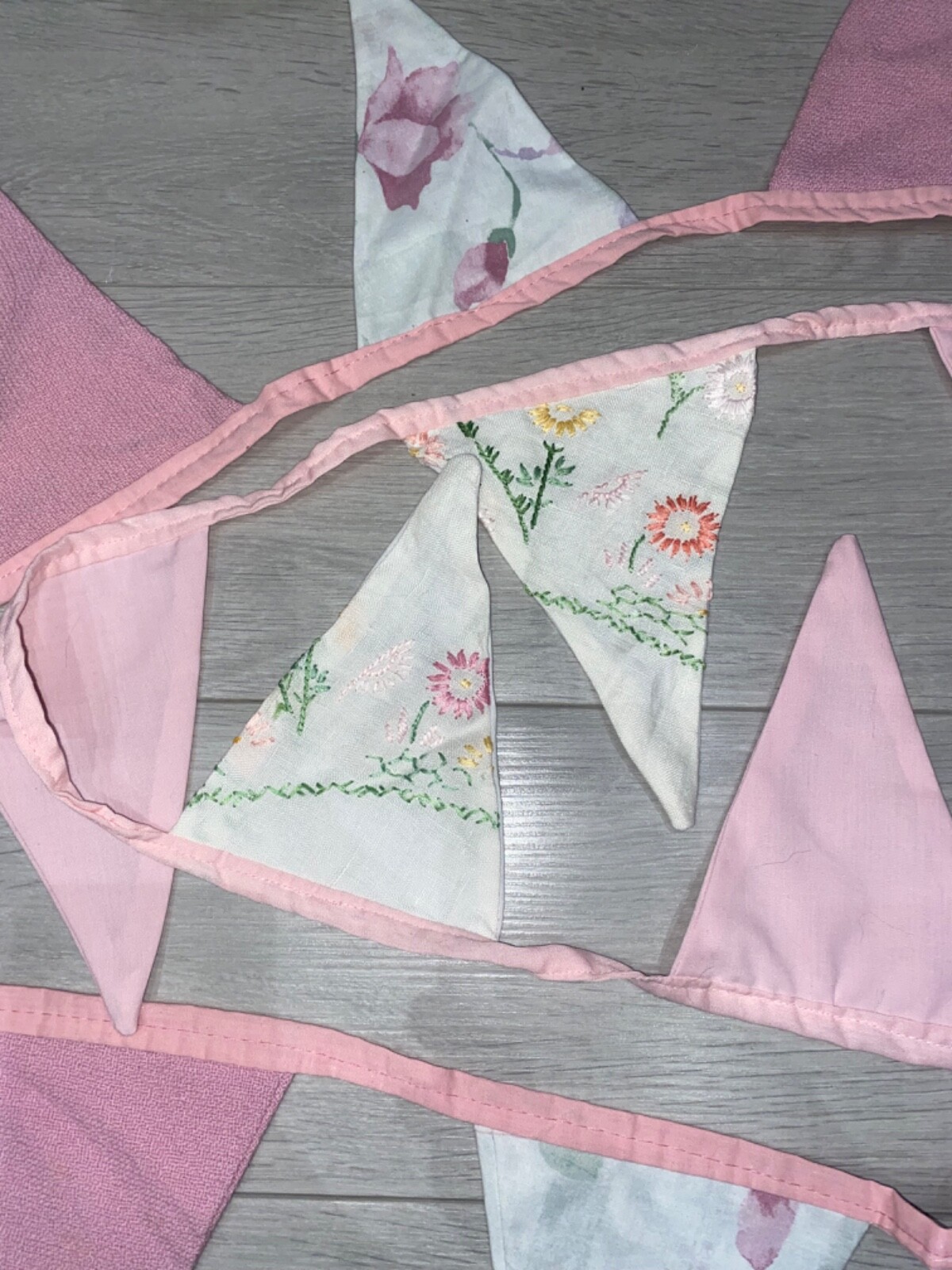 2 x Vintage Embroidered Sampler,Antique Bunting Pink,Tea Party,Nursery Art Deco