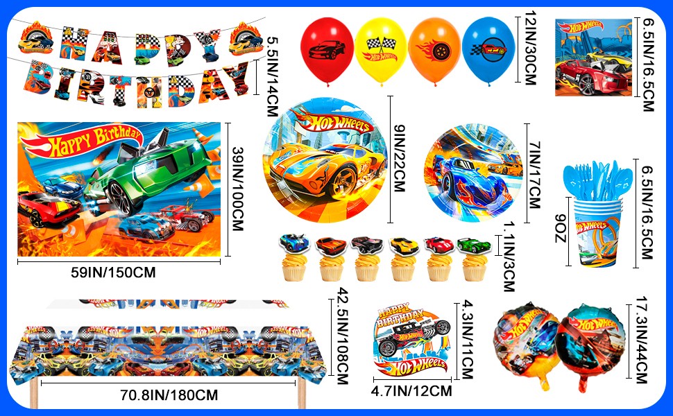 114 Pcs Hot Wheels Party Decorations Car Party Supplies Balloons Tableware Cups