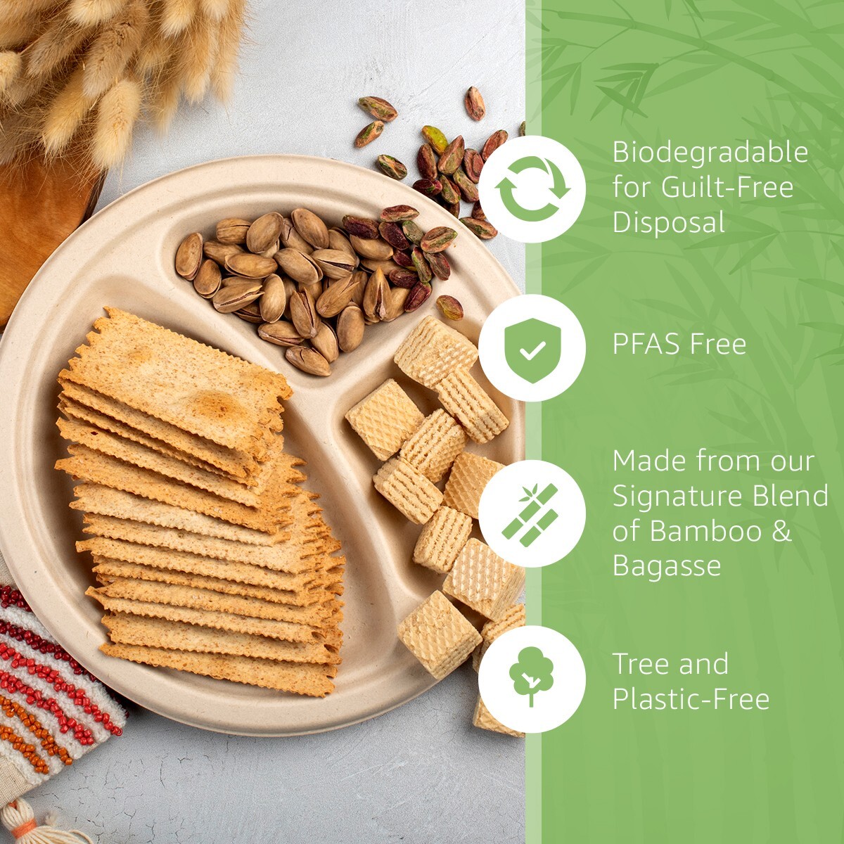 Ibambo Bamboo Disposable Compartment Plates – 9 Inch, 125 Pack, Compostable