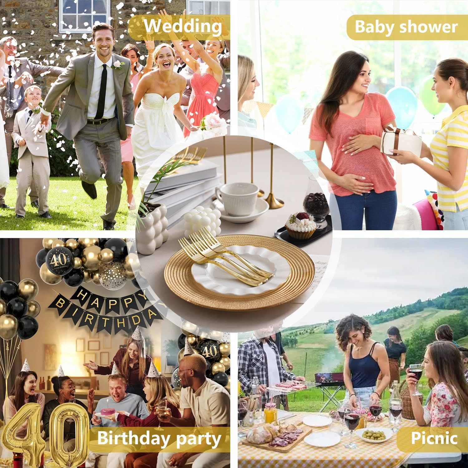 N9R 100PCS Gold Plastic Forks, Solid, Durable and Heavy Duty Gold-100pcs