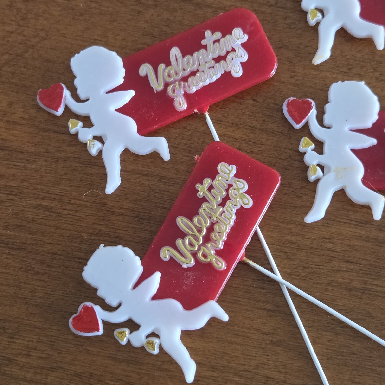 Vintage Lot of 8 Valentine’s Day Craft Decoration Floral Picks Plastic Cupid