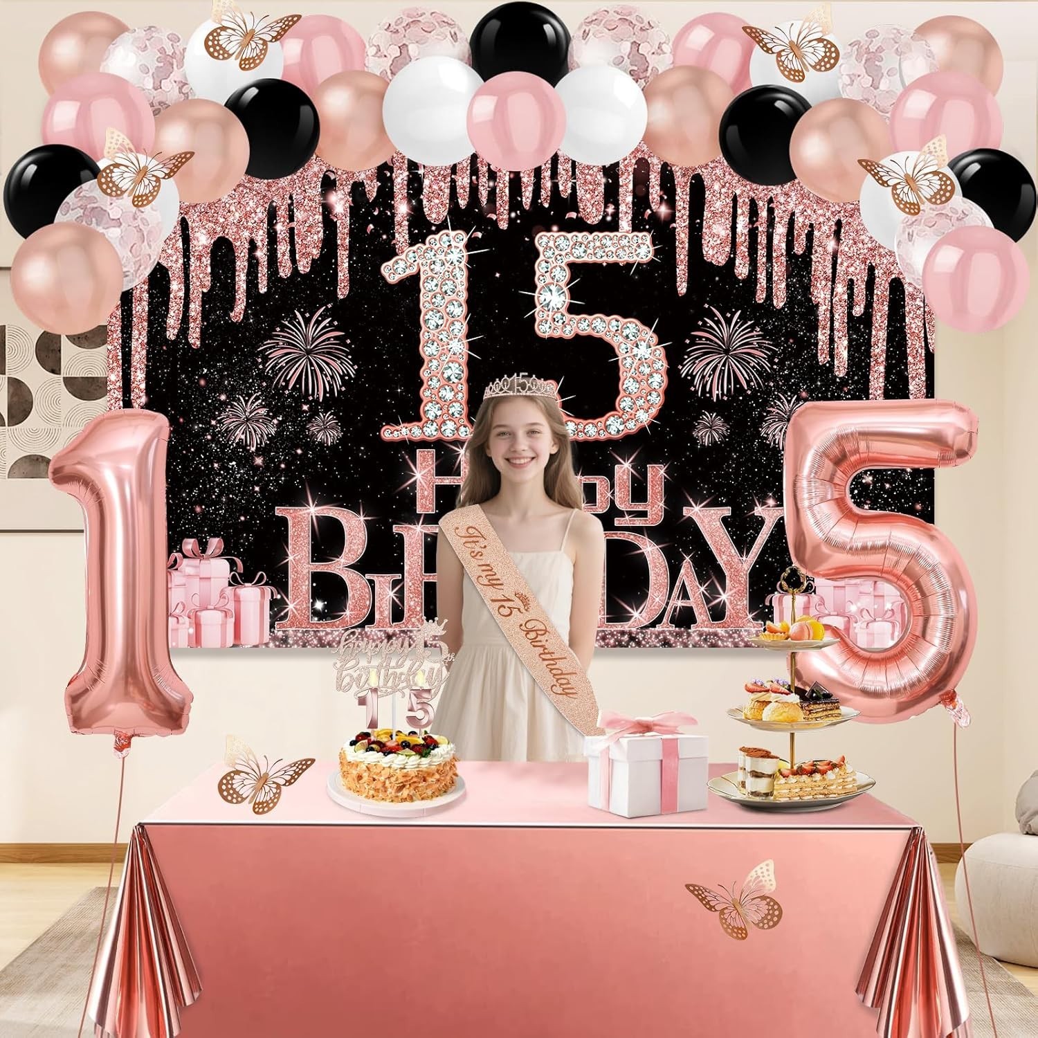 15th Birthday Decorations for Girls, 49pcs Black Rose Gold Black Banner, Tabl…