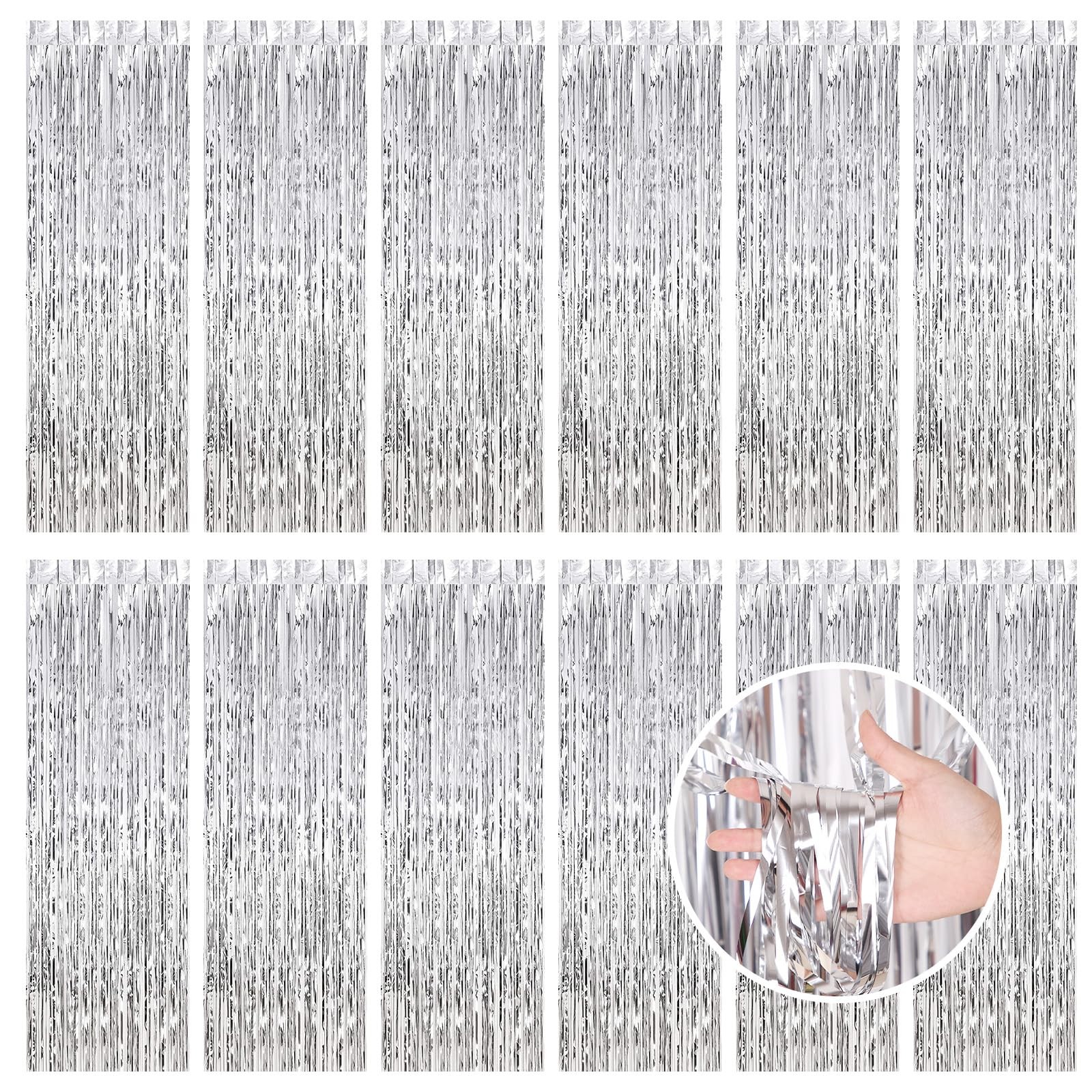 12 Pack Silver Fringe Curtain Party Streamers 3.3 x 8.2 Ft Foil Backdrop