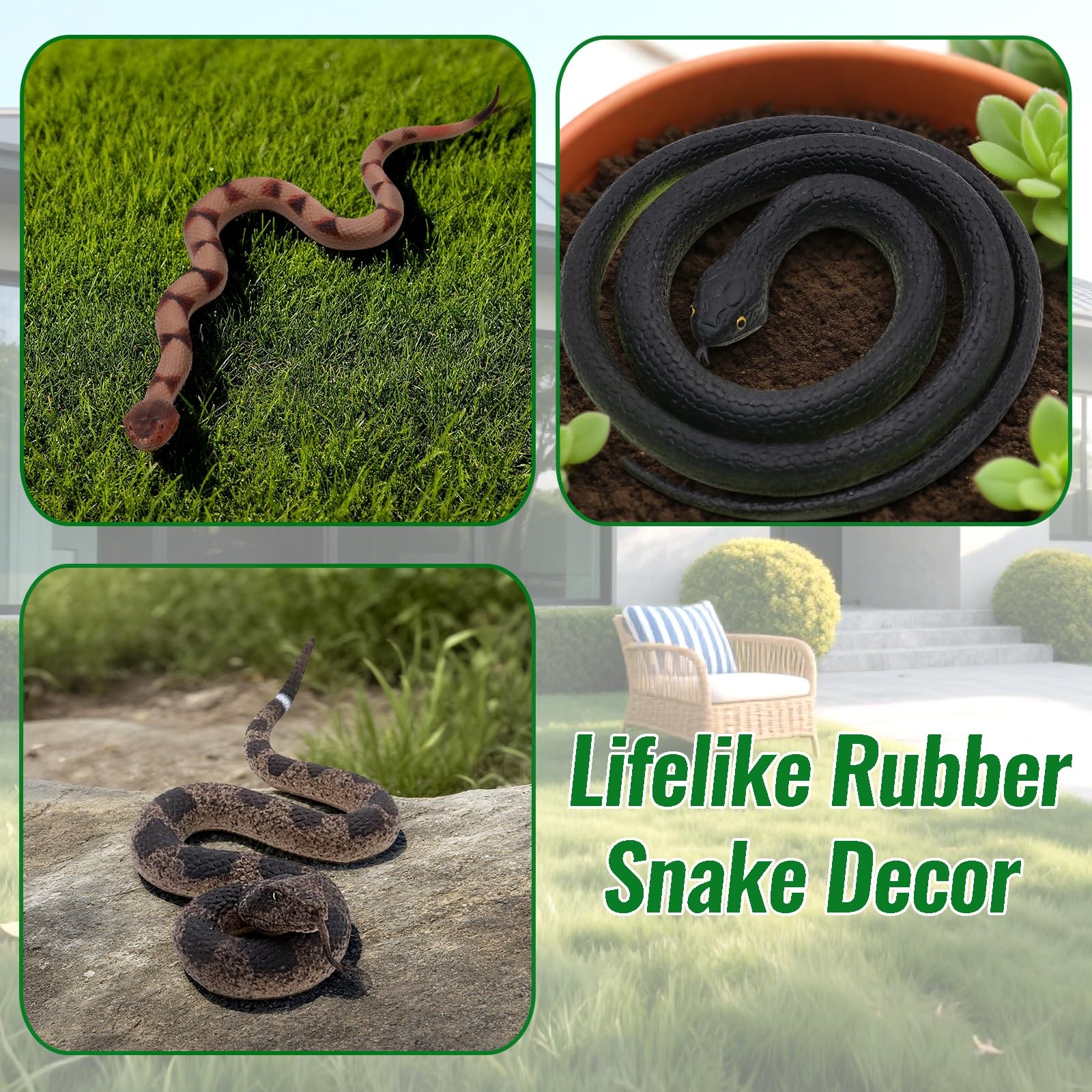 3 Realistic Rubber Snakes Bird Deterrent Prank Toy Set for Garden