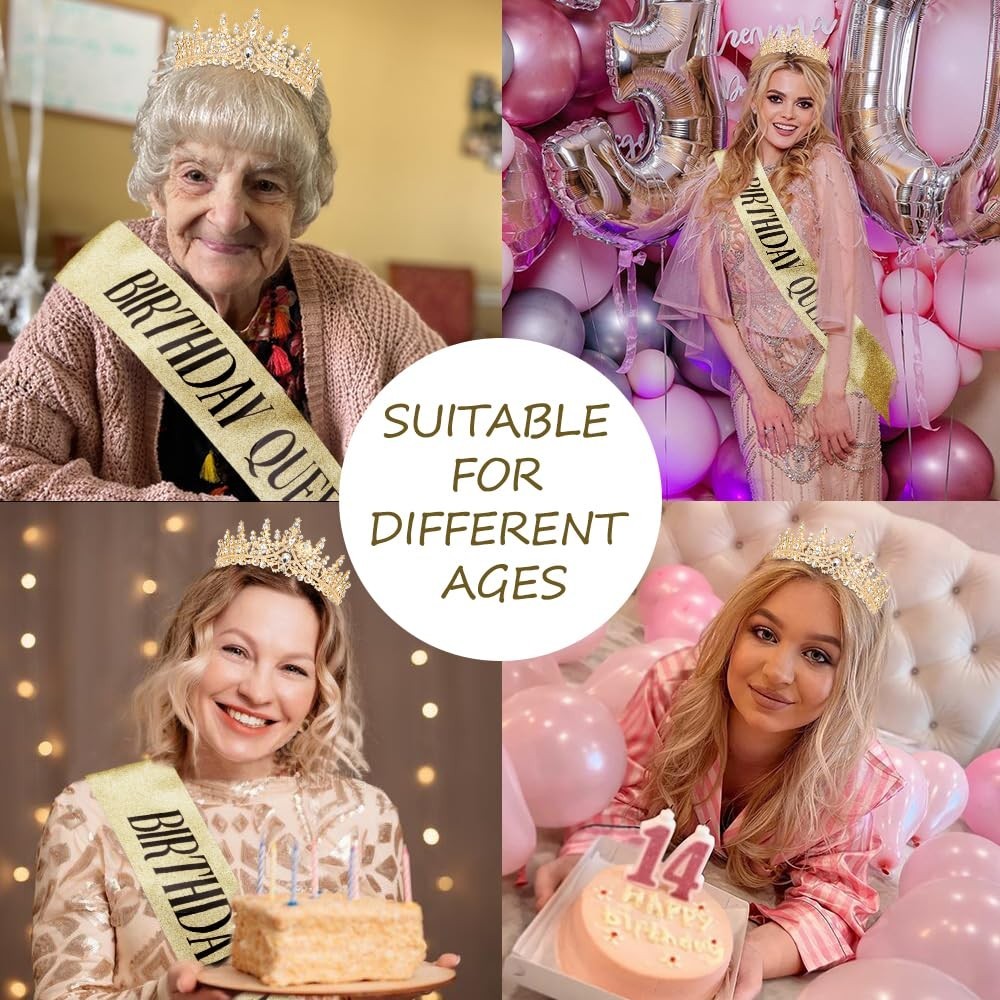 Birthday Queen Sash and Crown Set – Gold Rhinestone Tiara and Sash