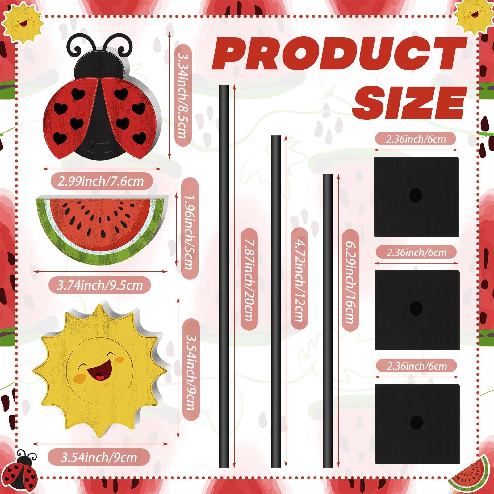 3 Pcs Summer Watermelon Ladybug Wooden Table Sign Vertical Wooden Table Top Home