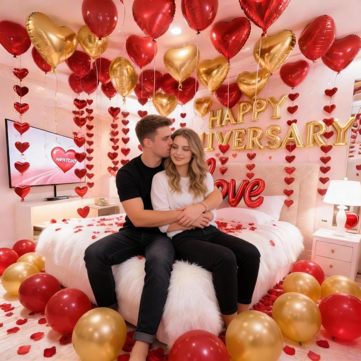 Romantic Anniversary Decorations with Red Hearts, Balloons & Silk Rose Petals