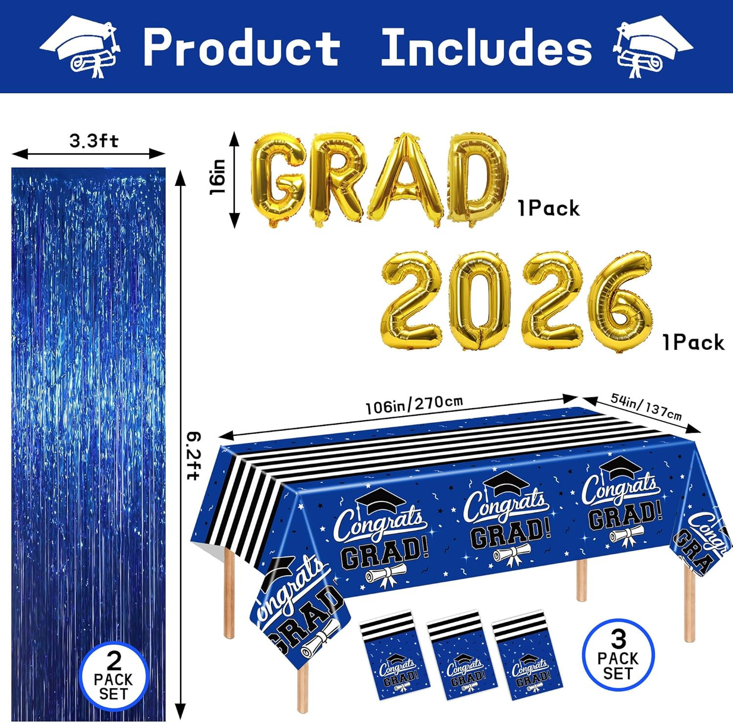7-Pack Graduation Party Decorations Set, 3 Blue Graduation Tablecloths 54X108In,