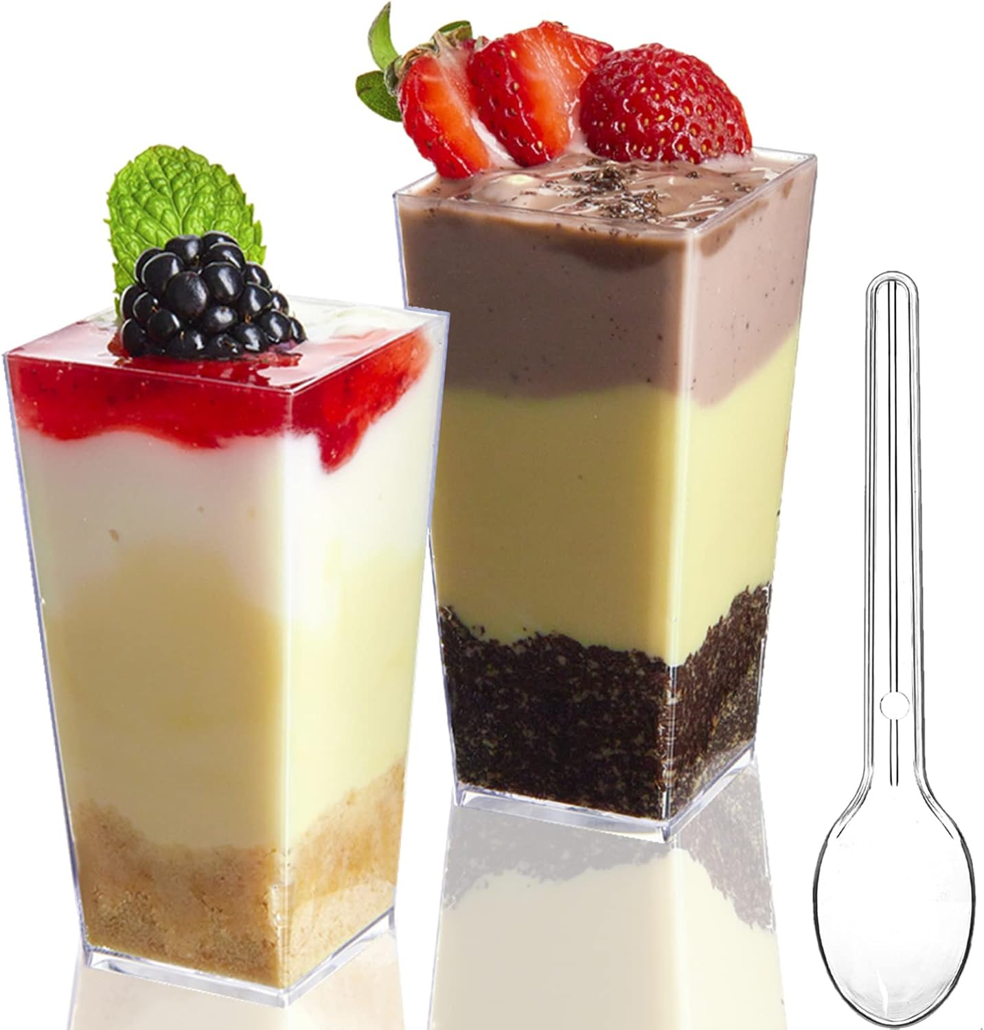 50 Pack 3 Oz Square Mini Dessert Cups with Spoons Clear Plastic Dessert Shooter