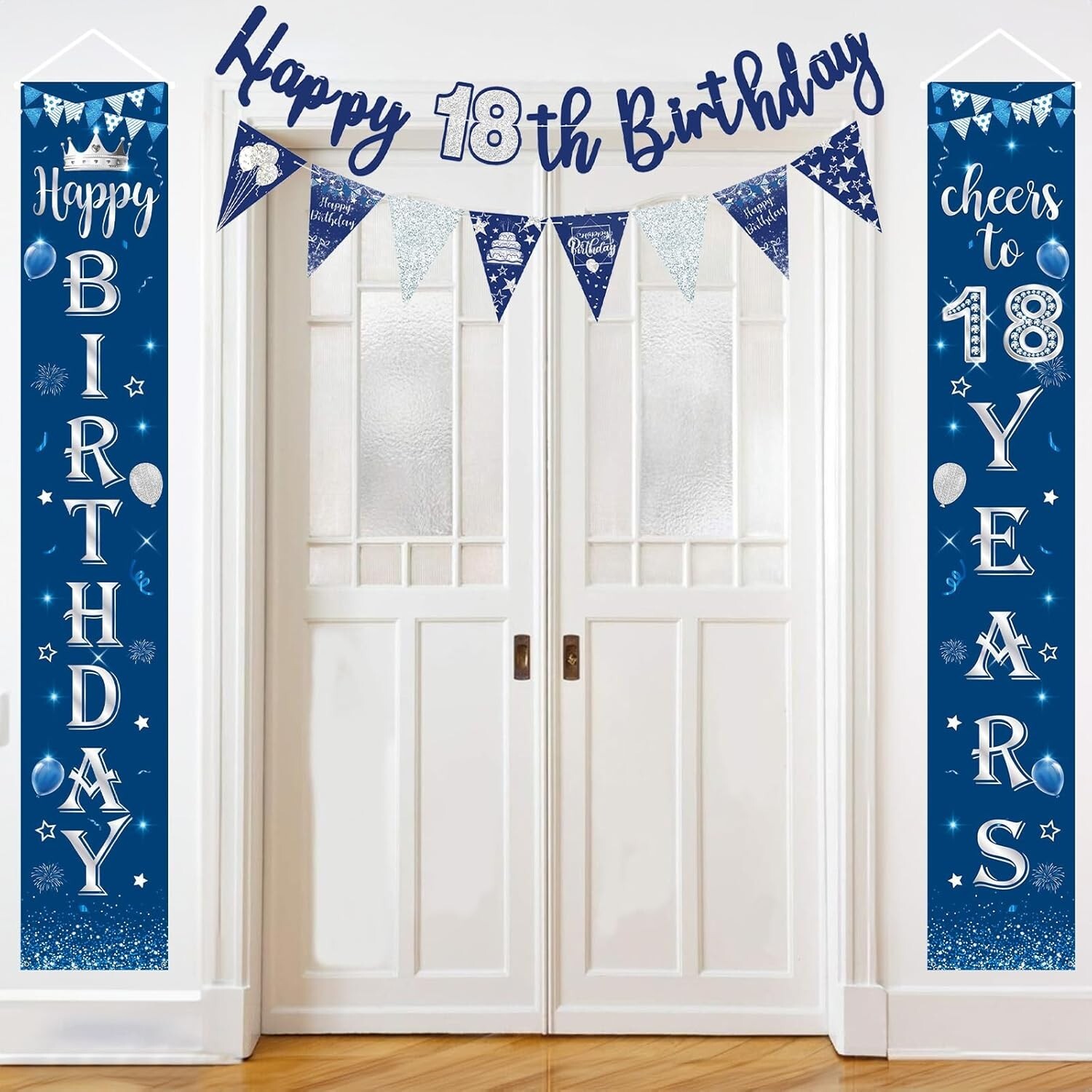 Blue Silver 18th birthday Party decorations Door Banner Porch Sign Bunting Flags