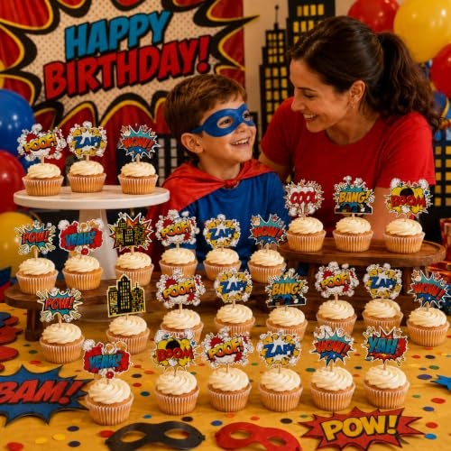 Hero Cupcake Toppers 36 PCS Hero Decorations Smash Crash Pow Picks for Hero