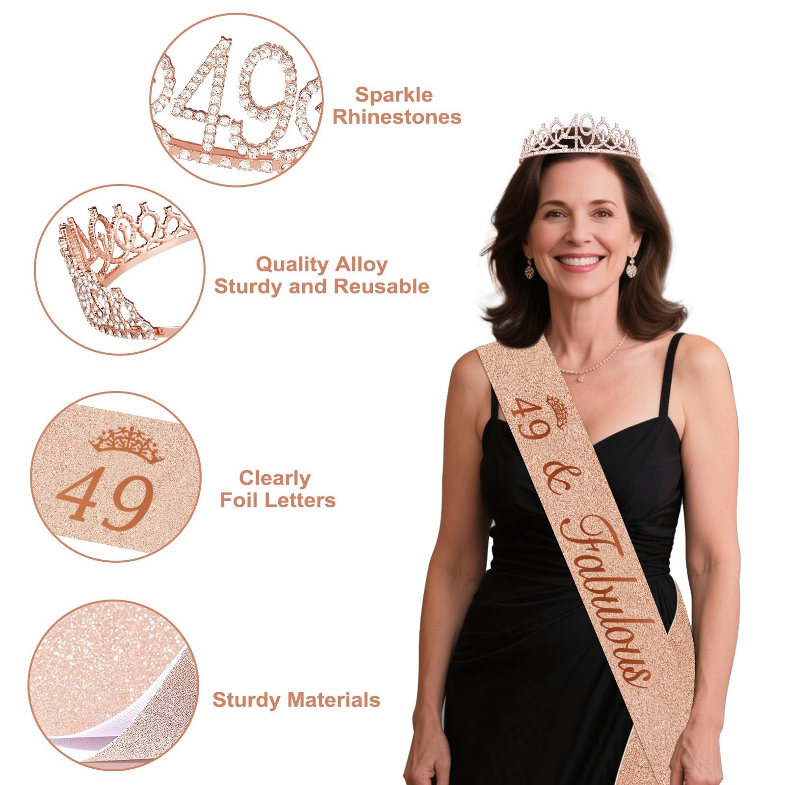49th Birthday Decorations Set – 49pcs Black & Rose Gold Banner, Sash, Cake Toppe