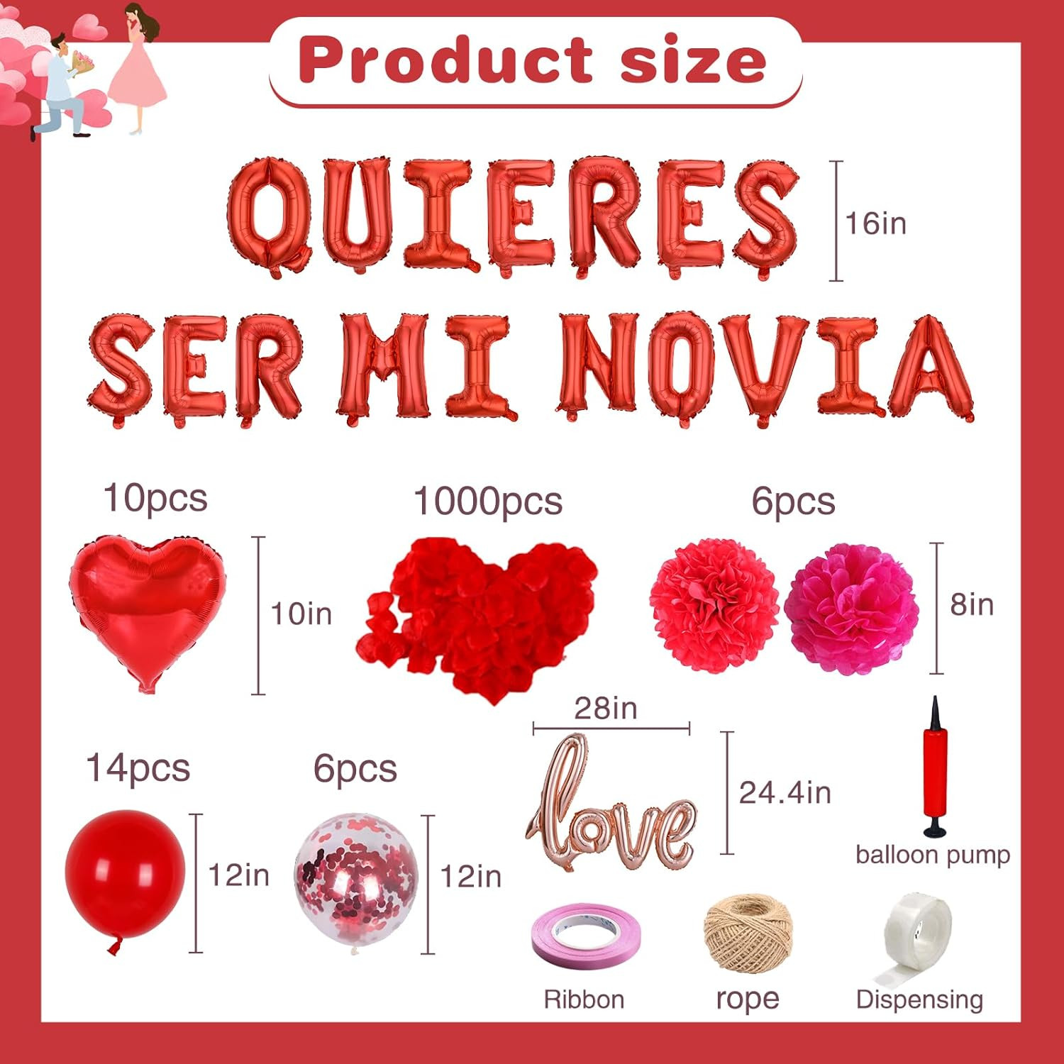 Red 16″ Quieres Ser Mi Novia Balloons Letters Set- 10Pcs Heart Balloons, LOVE