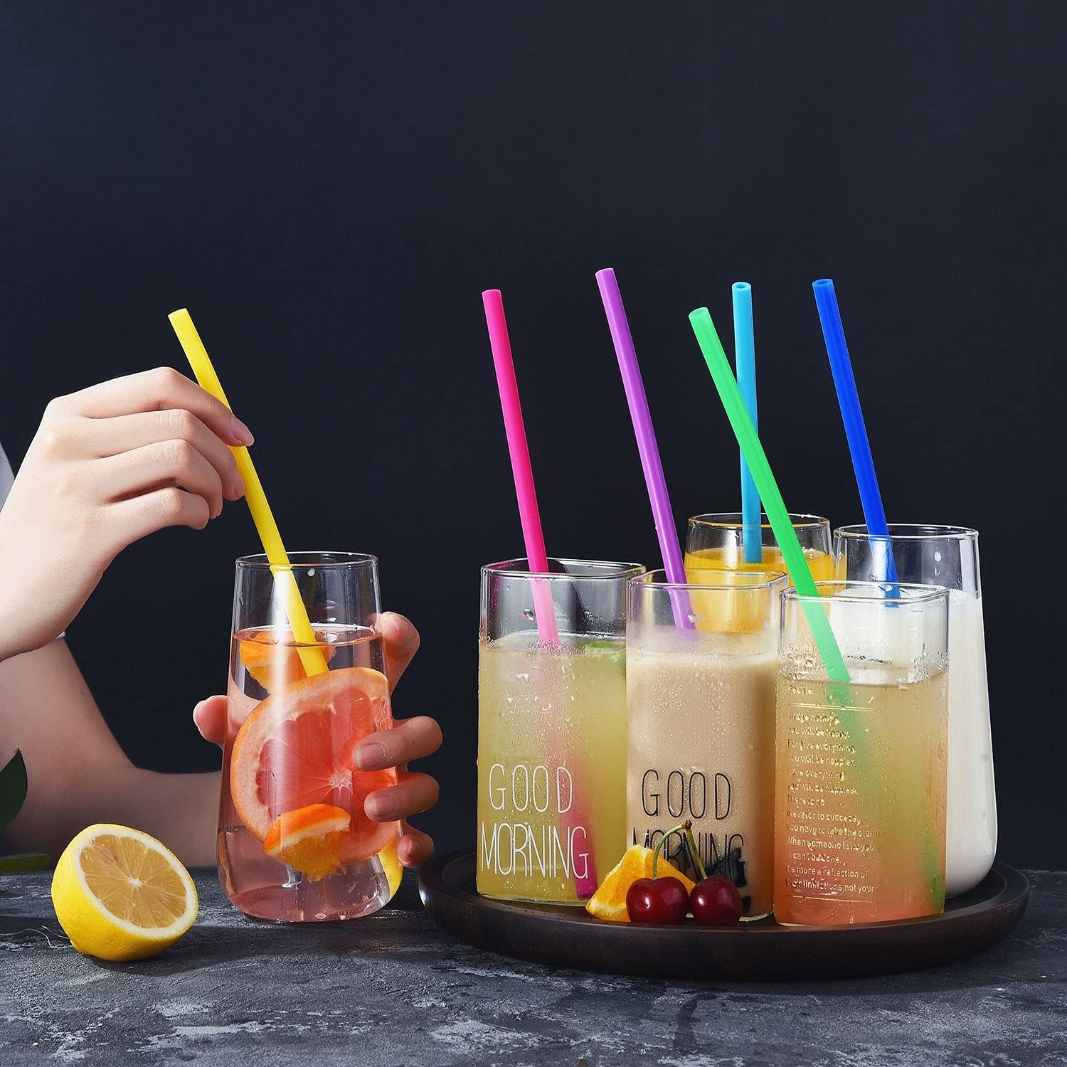 ALINK 15 inch Extra Long Reusable Silicone Straws, 5 Piece Set, Multicolor