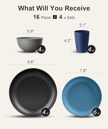 Quatish 16 Pcs Unbreakable Plates and Bowls, Plastic Dinnerware Sets for 4, R…