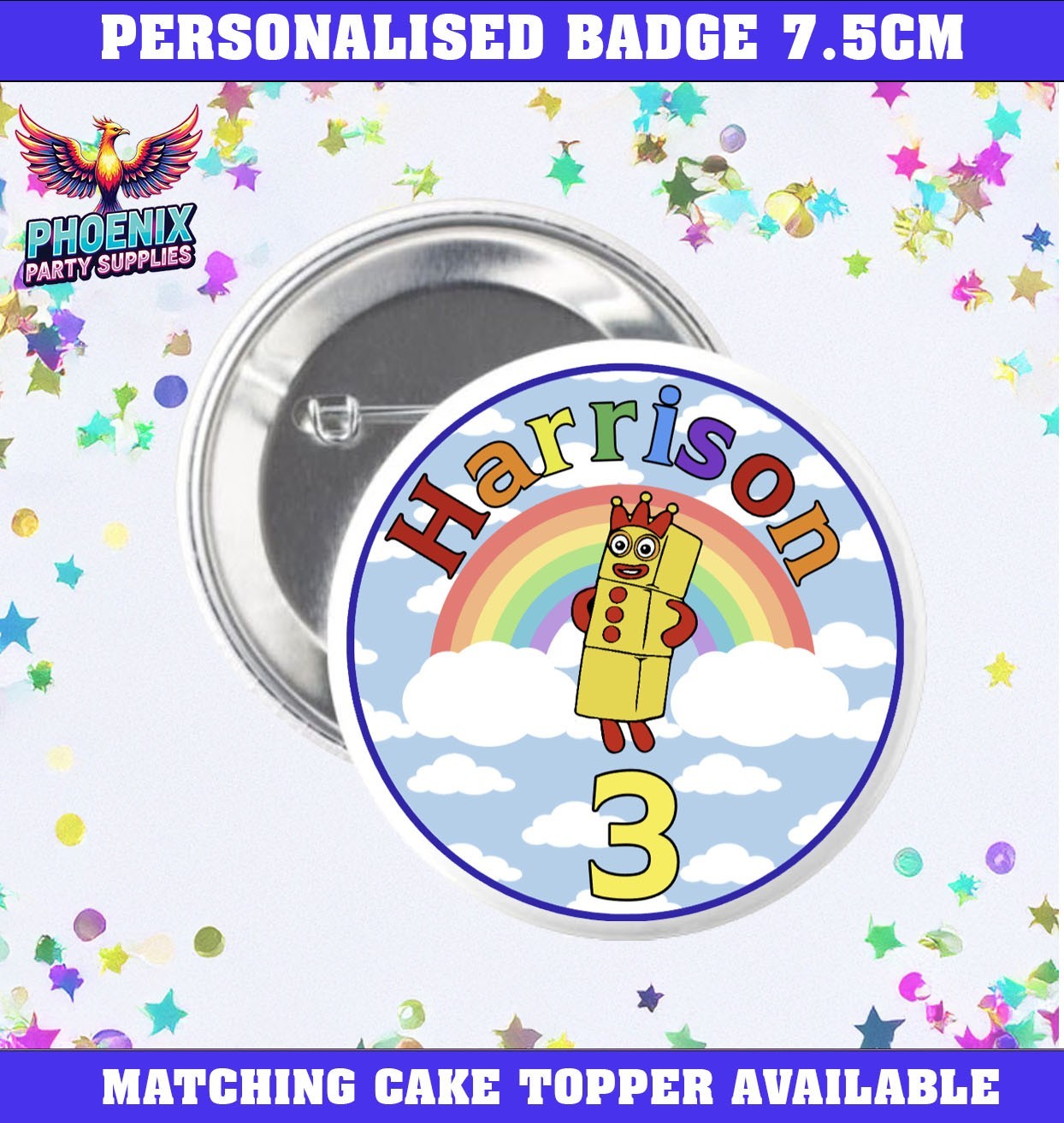 PERSONALISED NUMBER BLOCKS BIRTHDAY PARTY BADGE CUSTOM AGE NUMBER