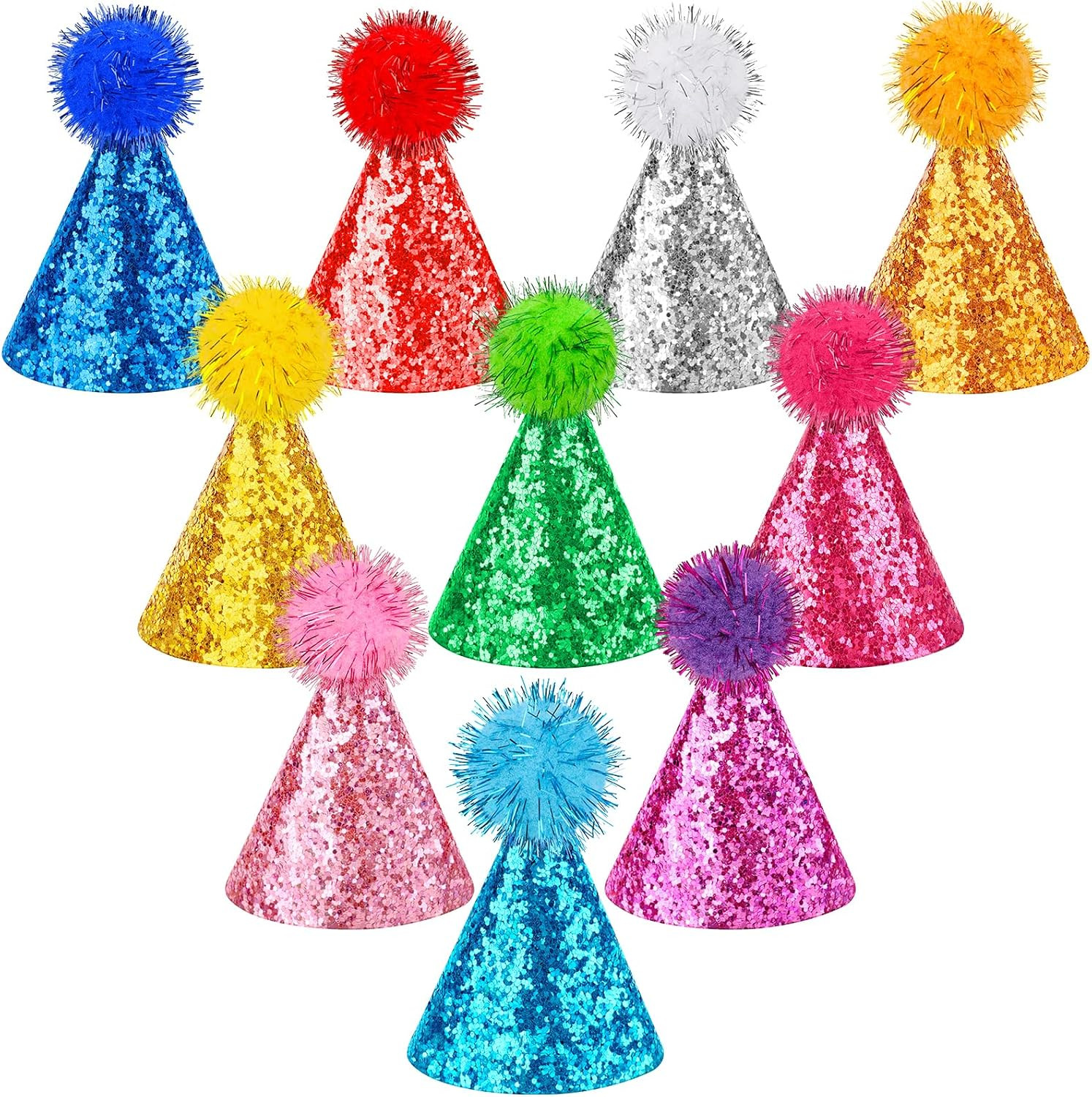 10PCS Mini Birthday Party Hats for Small Pets Stuffed Animals Pom Pom Assorted