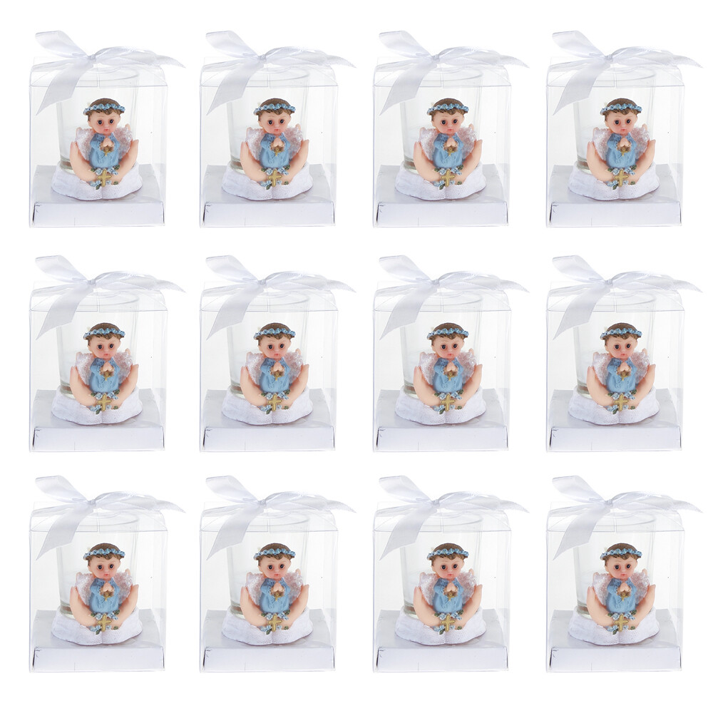 Mega Favors – Baby Boy Angel Praying Poly Resin Candle Set – Blue, 12PCS