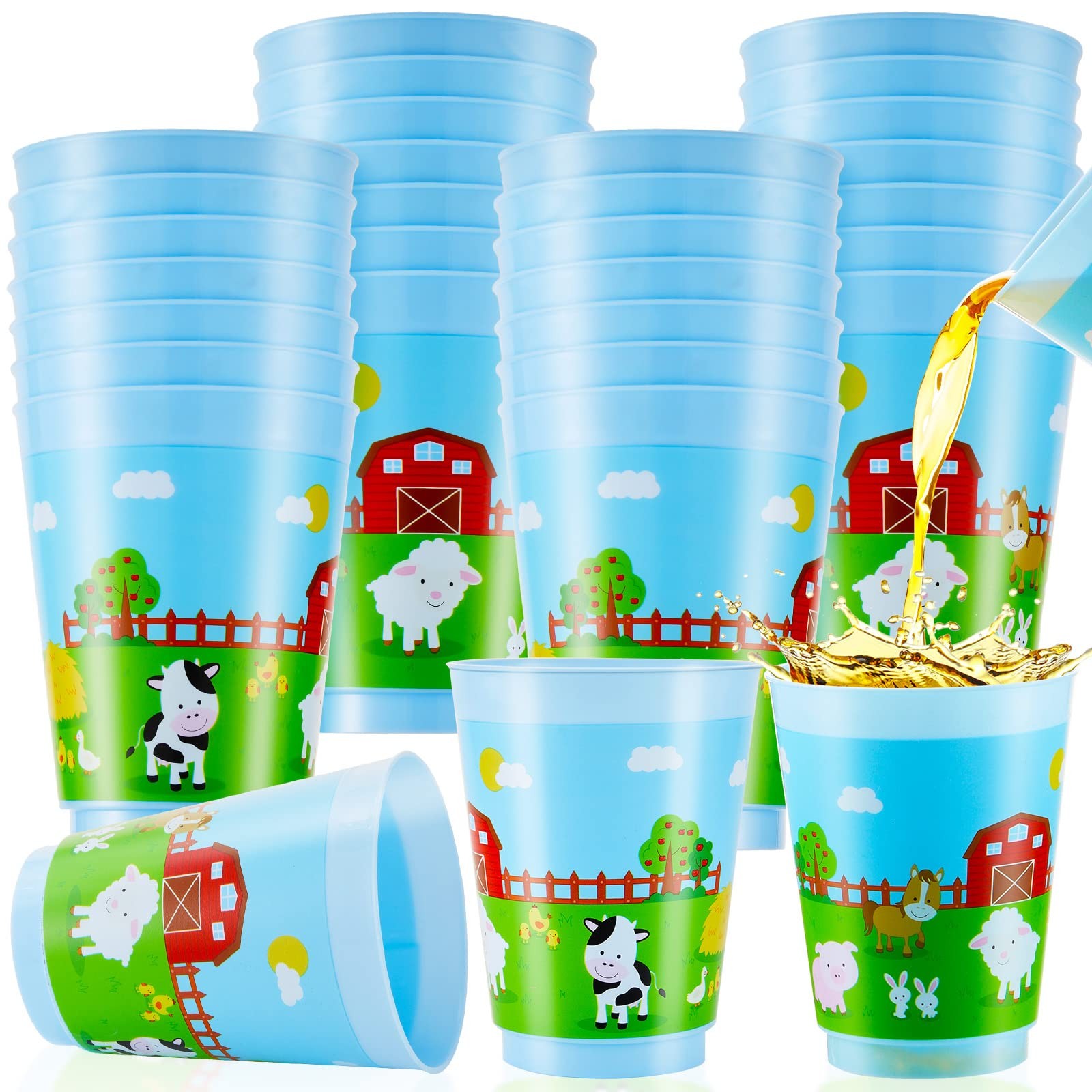 24 Pieces Farm Animal Cup for Kids 16 oz Farm Theme Plastic Blue Drinking Cup…