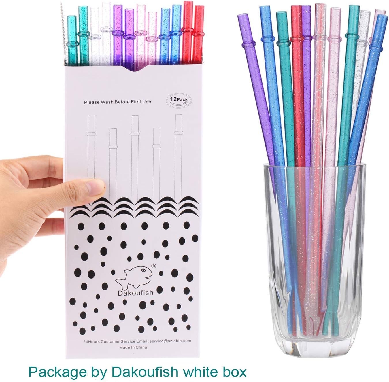 BPA-Free 12 Piece 9 Inch Reusable Clear Plastic Glitter Sparkle Drinking Stra…