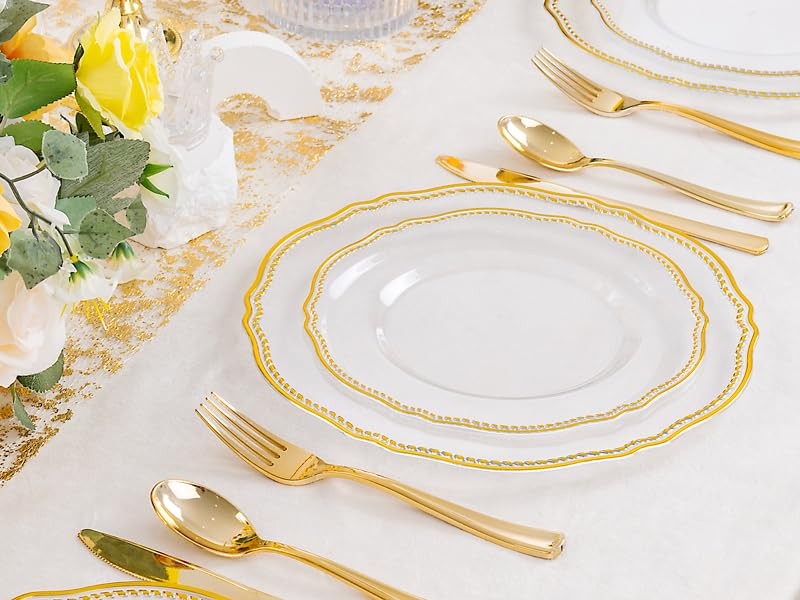 60pcs Clear Plastic Plates Clear and Gold Disposable Dinnerware with Gold Ri…