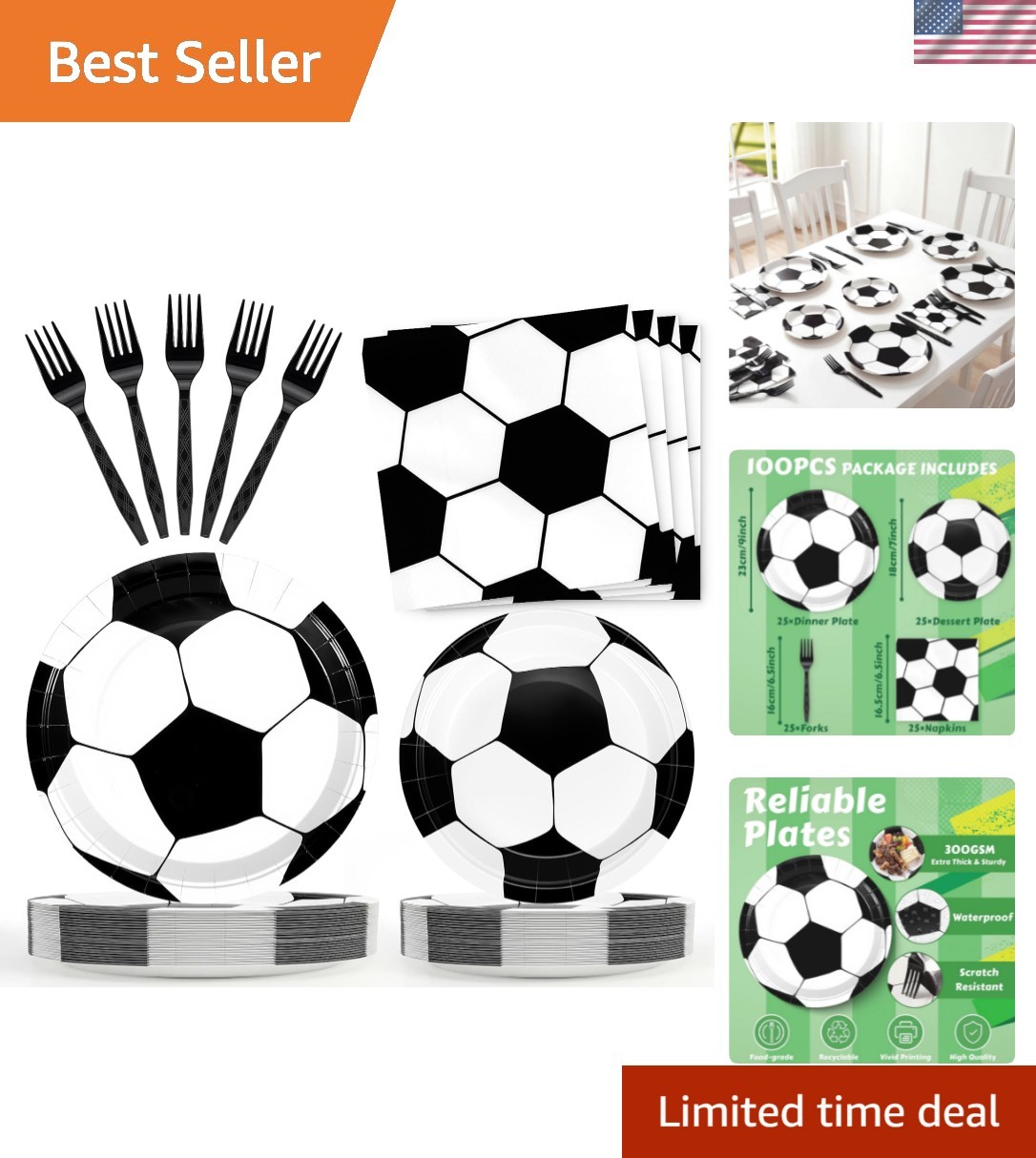 100 Pcs Soccer Plates and Napkins Party Supplies Serves 25, Soccer Birthday P…