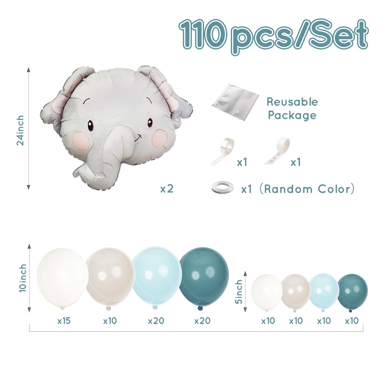 Blue Balloons Garland Arch Kit, 110pcs Baby Blue Elephants Animals Balloons B…