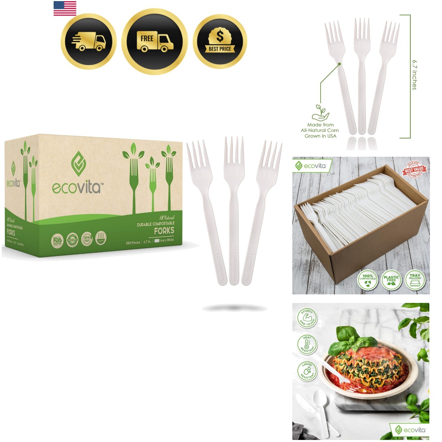 100% Compostable Forks – 500 Large Disposable Utensils 7 in. Bulk Size Eco Fr…