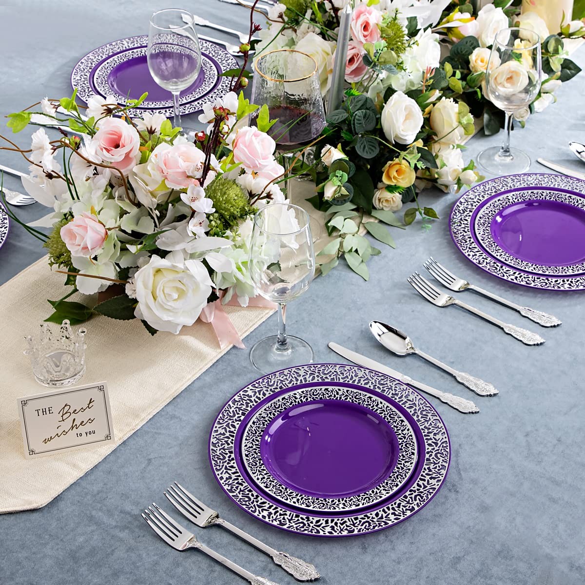 150PCS Purple Silver Plastic Plates with Silver Silverware, Silver Party Supp…