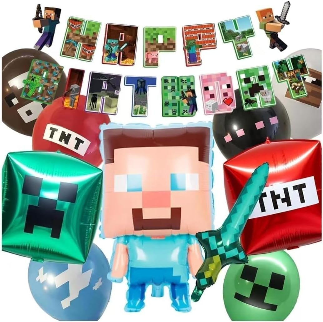 11-Piece Pixel Aluminum Balloon Set – Pixel & Classic Design, Vibrant 3D Cartoon