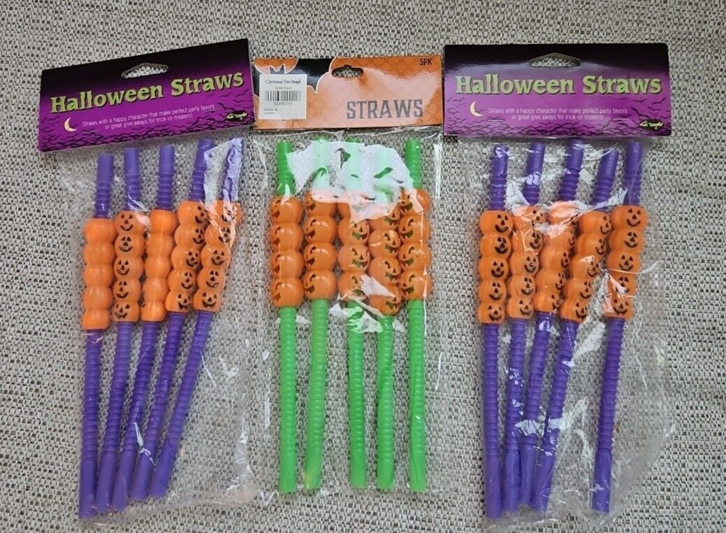 Bendy Pumpkin Straws, Halloween Party One Size, Orange, Purple, and Green Lot 3