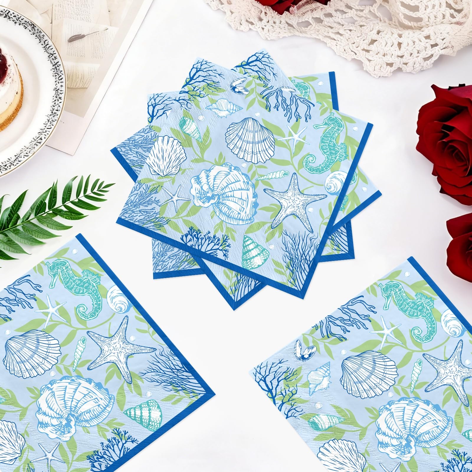 50Pcs Summer Seashell Paper Napkins Coastal Beach 6.5 x 6.5 Inches Disposable…