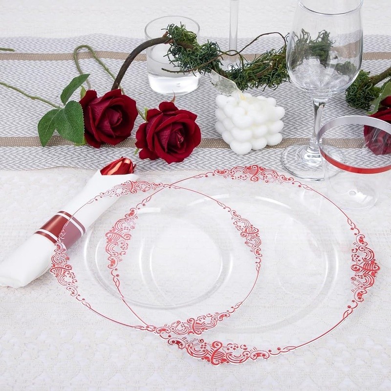 Disposable Plastic Plates Sturdy Red Dinnerware Set Parties Events Gatherings US