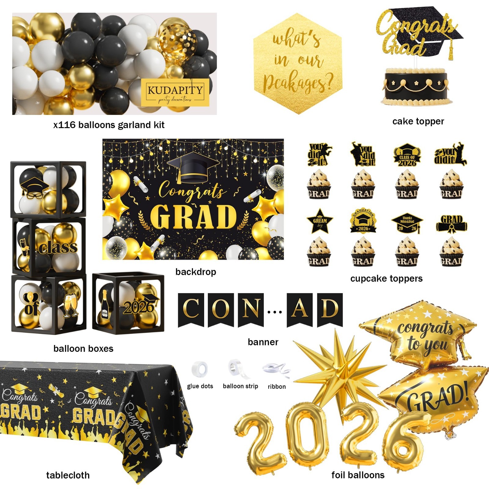 2026 Graduation Party Decorations Kit – Black Gold Congrats Grad Supplies Set, B